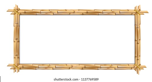 Rectangle brown wooden border frame made of realistic  brown bamboo sticks with empty copy space for text or image inside. Vector clip art, banner, poster or photo frame isolated on white background.