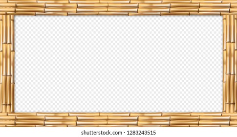 Rectangle brown wooden border frame made of realistic dry bamboo poles with empty copy space for text or image. Vector clip art, banner, template, signboard isolated on transparent background