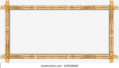 Rectangle brown wooden border frame made of realistic dry bamboo sticks with rope, empty copy space for text or image. Vector clip art, banner, template isolated on transparent background