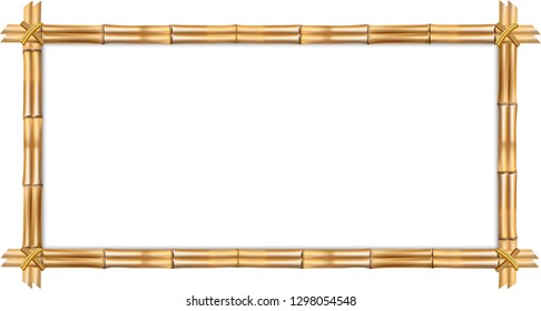 Rectangle brown wooden border frame made of realistic dry bamboo poles with rope and empty copy space for text or image. Vector clip art, banner, template or photo frame isolated on white background