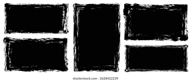 Rectangle Brush stroke, grunge box. Black rectangle shapes with brush borders on white background. Vintage grunge boxes for collage, text, banner, sticker, poster design.	