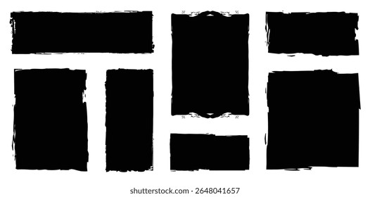 Retângulo Traçado do pincel, pincel de tinta, grunge box. Formas quadradas pretas com bordas de pincel no plano de fundo branco. Elemento de forma da pintura retangular áspera do quadro da caixa de texto.

