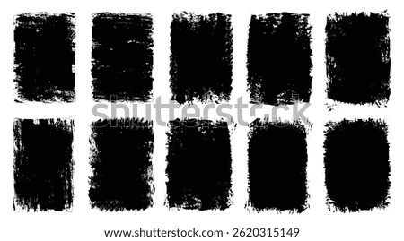 Rectangle brush stroke, ink paint brush, grunge lines. Black rectangular shapes with ripped jagged borders on white background. Vintage grunge boxes for collage, text, banner, sticker design.