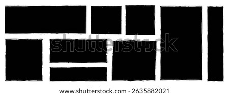 Rectangle Brush stroke, ink paint brush, grunge box. Black square shapes with brush borders on white background. Vintage grunge boxes for collage, text, banner, sticker, poster design - Vector stock