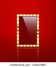 Rectangle bulb frame with mirror isolated on red background. Vector design element