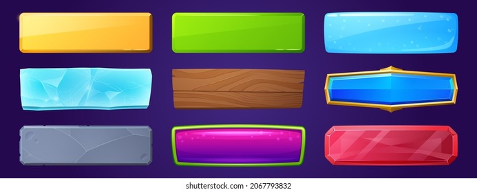 Rectangle buttons with golden, wooden and water textures for ui game design. Vector cartoon set of glossy labels from ice, stone, red crystal and purple jelly isolated on background