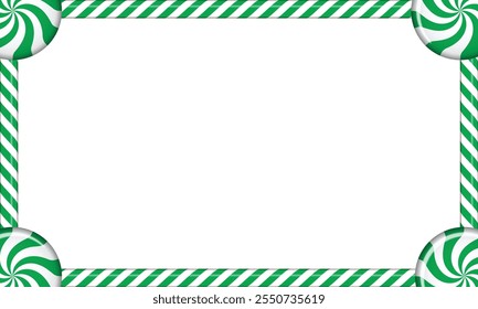Rectangle candy cane frame with green and white striped lollipop pattern. Vector illustration