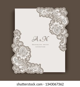 Rectangle card with floral lace corner patterns, elegant wedding invitation or greeting card template with place for text