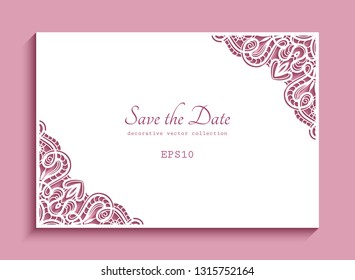 Rectangle card with lace corner patterns, cutout paper ornament, vector template for laser cutting or plotter printing, elegant wedding invitation design with place for text