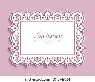Rectangle card with ornamental lace border, vector cutout paper frame, wedding invitation or announcement template, eps10