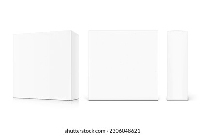 Rectangle cardboard box mockup set. Front, side and half side views. Vector illustration isolated on white background. Can be use for food, cosmetic, software and etc. Ready for your design. EPS10.	