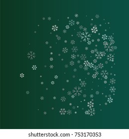 Rectangle Christmas background with random scatter falling silver snowflakes isolated on a dark green gradient background