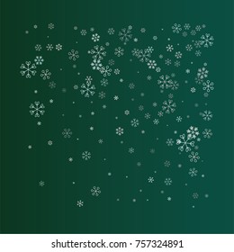 Rectangle Christmas background with random scatter falling silver snowflakes isolated on a dark green gradient background