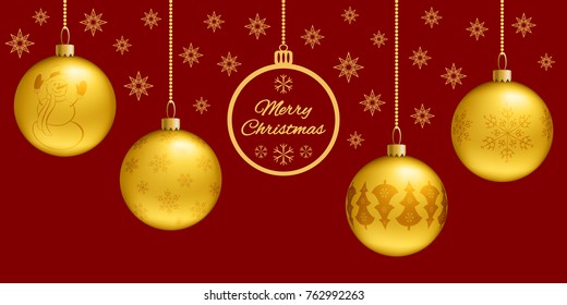 Rectangle Christmas card or horizontal banner. 3d golden balls on a classic red background. Flat greeting and stars on the background. Vector illustration.