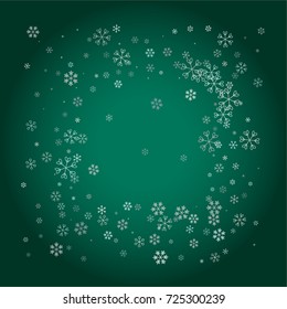 Rectangle Christmas frame or border with random scatter falling silver snowflakes isolated on a dark green gradient background