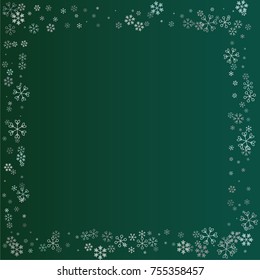 Rectangle Christmas frame or border with random scatter falling silver snowflakes isolated on a dark green gradient background