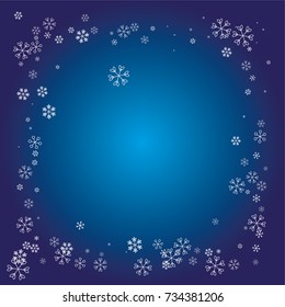 Rectangle Christmas frame or border with white random scatter falling snowflakes on a navy blue background.