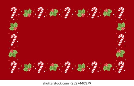 Rectangle Christmas Frame Border, Winter Holiday Graphics. Cute Mistletoe and Candy Cane pattern, card and social media post template vector illustration.