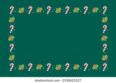 Rectangle Christmas Frame Border, Winter Holiday Graphics. Cute Mistletoe and Candy Cane pattern, card and social media post template vector illustration.