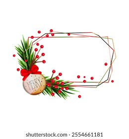 Rectangle Christmas frame on a white square background. Christmas medallion, spruce branches, red viburnum berries in naive style. Premium template for covers, invitations, greetings, promotions.