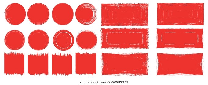 Rectangle and circle red ink vector line pack. Bloody colored long and round hand drawn brush strokes text highlight, frame, circle scribble. Vector illustration.