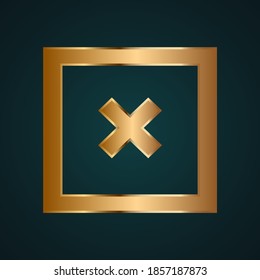 Rectangle close sign icon vector. Gradient gold metal with dark background