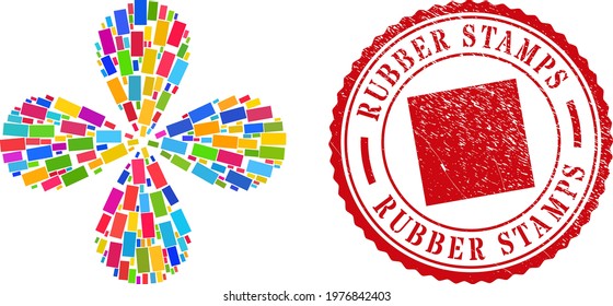 Rectangle colorful twirl burst, and red round RUBBER STAMPS corroded rubber print. Rectangle symbol inside round rubber print. Element twirl done from scattered rectangle symbols.