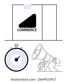 Retângulo com cronômetro de texto Commerce e megafone mantido por mãos. Ideal para comércio eletrônico, marketing, publicidade, estratégia de negócios, compras on-line, gerenciamento de tempo e comunicação digital