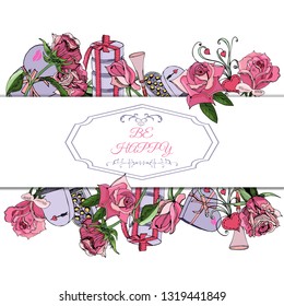 Rectangle composition  of  hand draw and color  sketch  of pink rose flowers and leaves, twirls, sweetmeat  and other gifts. Vector illustration