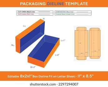 Rectangle Corrugated Gift Box 8x2x1 Inch Dieline Template