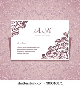 Rectangle cutout paper frame with ornamental lace corners, greeting card or wedding invitation template, vector illustration, eps10