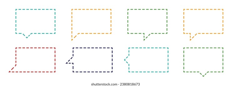 Rectangle dashed line speech boxes, chatting boxes, and message boxes outline cartoon vector illustrations. Empty speak bubble doodle style of thinking sign symbol. 