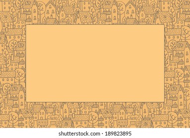 Rectangle decorative frame with a picture of the city with streets and houses with trees and roofs