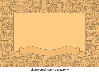 Rectangle decorative frame with a picture of the city with streets and houses with trees and roofs