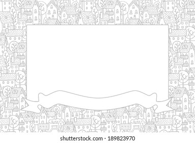 Rectangle decorative frame with a picture of the city with streets and houses with trees and roofs