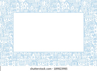 Rectangle decorative frame with a picture of the city with streets and houses with trees and roofs