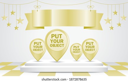 Rectangle display podium with ribbon sign and hanging star 3D illustration vector in white and gold color theme for putting your object.