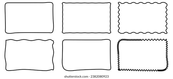 Rectangle doodle frame set. Collection of doodle hand drawn wavy curve deformed frames. Vector illustration isolated on white background
