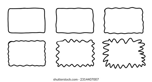 Rectangle doodle frame set. Doodle hand drawn wavy curve deformed textured frames. Border sketch. Vector illustration on a white background.