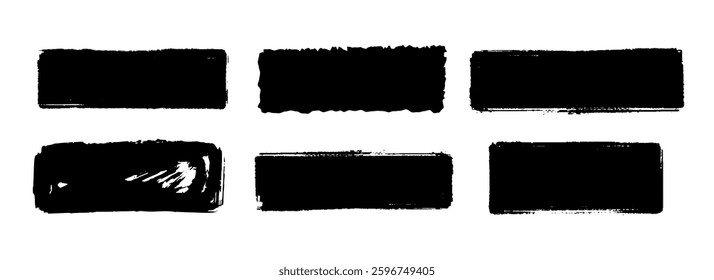 Rectangle dry paint stains set. Black grunge chalk square collection. Textured brush stroke element pack. Hand drawn charcoal blobs for frame design, template, poster, banner, text box. Vector