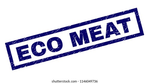 Rectangle ECO MEAT seal print with corroded texture. Rubber seal imitation has rectangle frame. Blue vector rubber print of ECO MEAT caption with grunge texture.