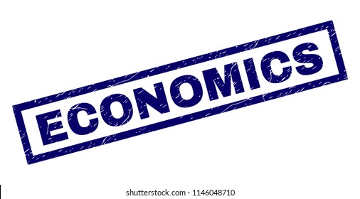 Rectangle ECONOMICS seal stamp with corroded texture. Rubber seal imitation has rectangle frame. Blue vector rubber print of ECONOMICS title with dirty texture.