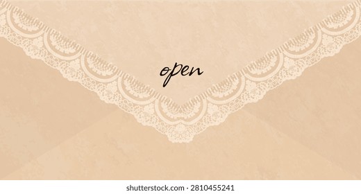Rectangle envelope with lace border frame. Decorative scallop trim for edge. Antique hand drawn brush with scalloped pattern mat and wavy floral ruffle. Aesthetic valentine crochet card, print banner.