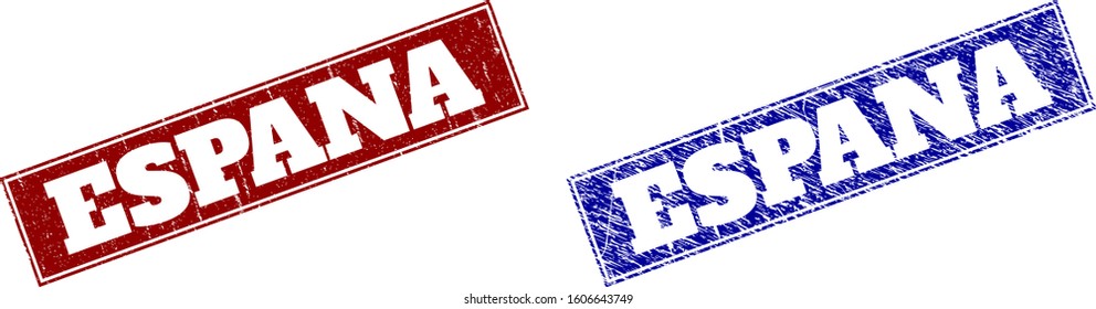 Rectangle ESPANA seal stamps. Blue and red distress stamps with ESPANA caption inside rectangle with frame. Flat vector imprints with grunge styles.