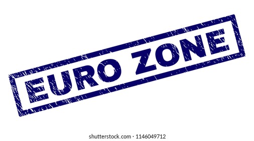 Rectangle EURO ZONE seal print with distress texture. Rubber seal imitation has rectangle frame. Blue vector rubber print of EURO ZONE label with dirty texture.