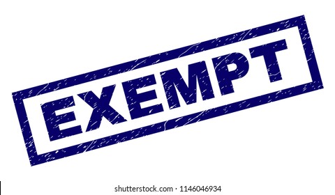 Rectangle EXEMPT seal stamp with distress texture. Rubber seal imitation has rectangle frame. Blue vector rubber print of EXEMPT tag with corroded texture.