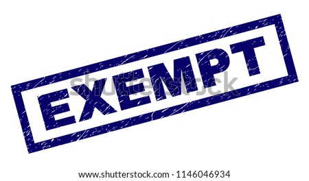 Rectangle EXEMPT seal stamp with distress texture. Rubber seal imitation has rectangle frame. Blue vector rubber print of EXEMPT tag with corroded texture.