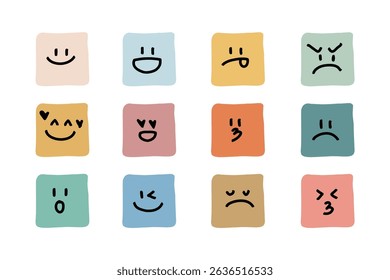 Rectangle Faces with various doodle Emotions. Doodle drawing style. Different colorful characters. Flat design. Hand drawn trendy Vector illustration.