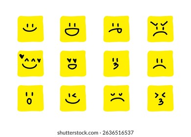 Rectangle Faces with various doodle Emotions. Doodle drawing style. Different colorful characters. Flat design. Hand drawn trendy Vector illustration.