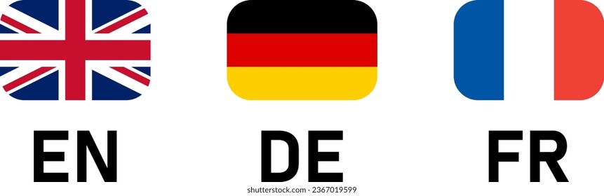 Rectangle Flag Selection Button Badge Icon Set including UK, Germany and France Flags with Rounded Edges and Language Codes for English, German and French. Vector Image.